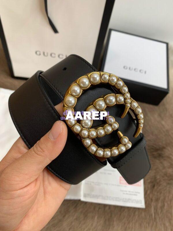 Replica Gucci Black Leather belt with pearl Double G 453260 17