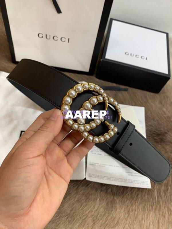 Replica Gucci Black Leather belt with pearl Double G 453260 18