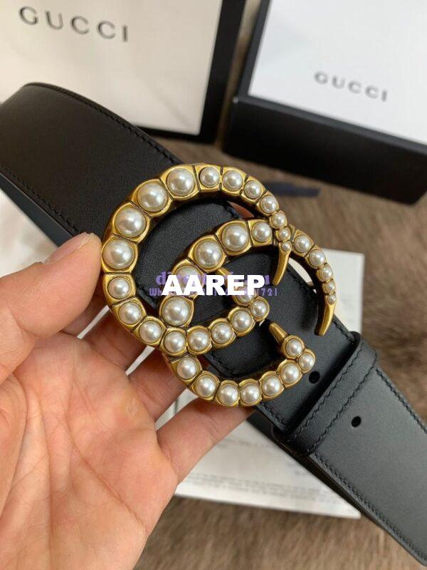 Replica Gucci Black Leather belt with pearl Double G 453260 19