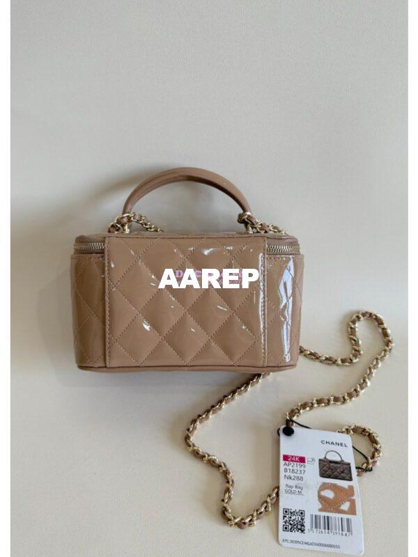 Replica Chanel New 24A Glossy Calfskin Vanity With Chain and Top Handle AP2199 Dark Beige 9