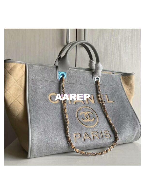 Replica Chanel A66942 Large Toile Deauville Shopping Bag in Wool Felt Gray & Beige