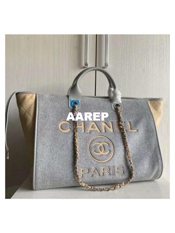 Replica Chanel A66942 Large Toile Deauville Shopping Bag in Wool Felt Gray & Beige 2