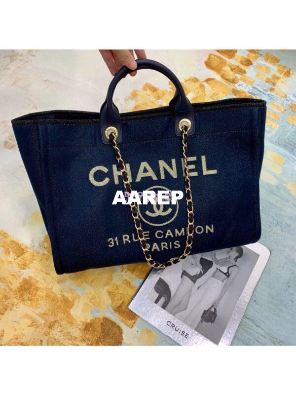 Replica Chanel A66942 Large Toile Deauville Shopping Bag in Lurex Gold Navy Blue