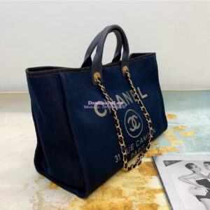 Replica Chanel A66942 Large Toile Deauville Shopping Bag in Lurex Gold Navy Blue 2