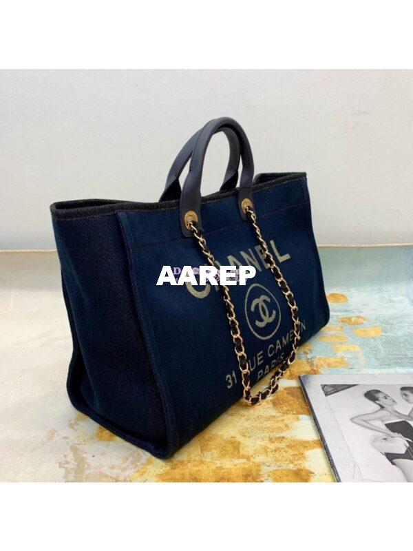 Replica Chanel A66942 Large Toile Deauville Shopping Bag in Lurex Gold Navy Blue 2