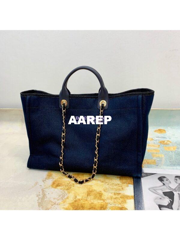 Replica Chanel A66942 Large Toile Deauville Shopping Bag in Lurex Gold Navy Blue 8