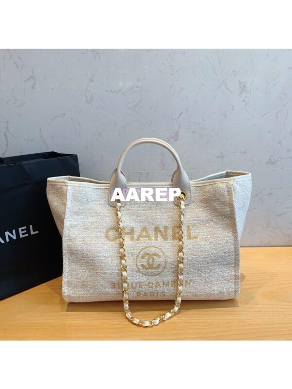 Replica Chanel A66942 Large Toile Deauville Shopping Bag in White Gold