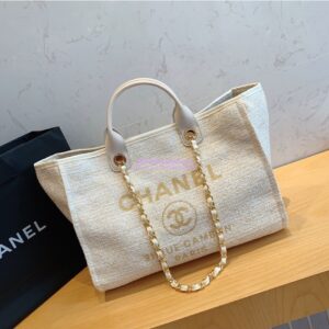 Replica Chanel A66942 Large Toile Deauville Shopping Bag in White Gold 2