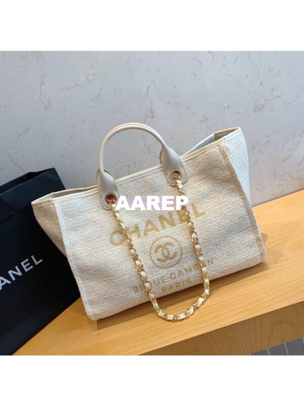Replica Chanel A66942 Large Toile Deauville Shopping Bag in White Gold 2
