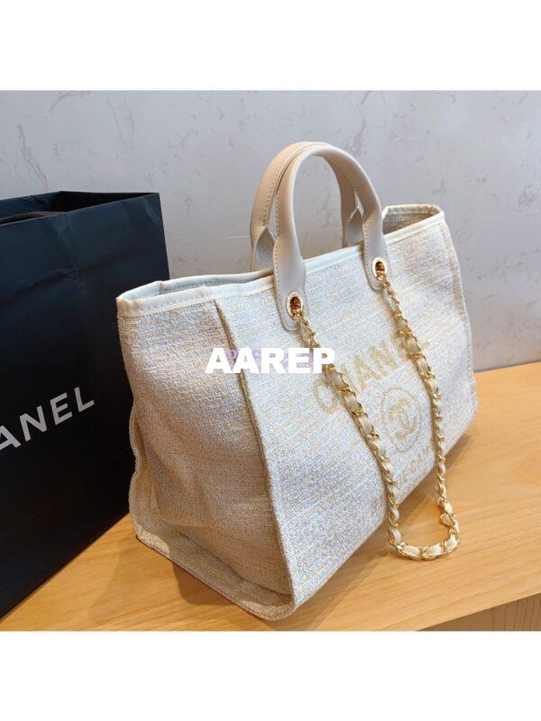 Replica Chanel A66942 Large Toile Deauville Shopping Bag in White Gold 4