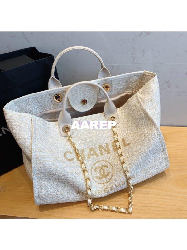 Replica Chanel A66942 Large Toile Deauville Shopping Bag in White Gold 6