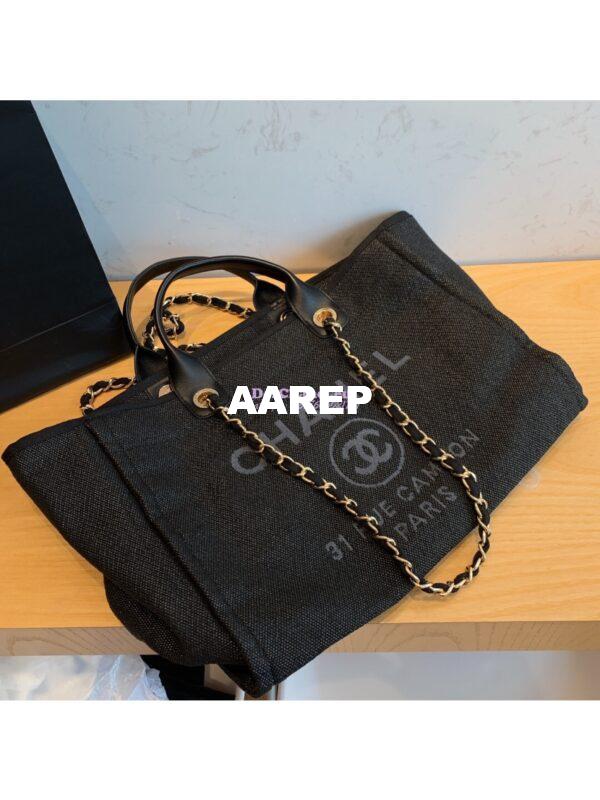 Replica Chanel A66942 Large Toile Deauville Shopping Bag in Black Grey 3