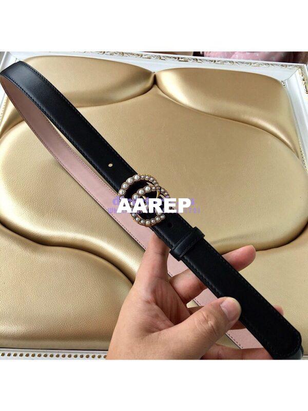 Replica Gucci Leather Belt with Pearl Double G Buckle 476342