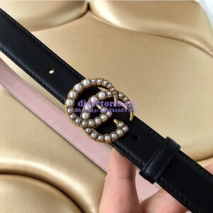 Replica Gucci Leather Belt with Pearl Double G Buckle 476342 2
