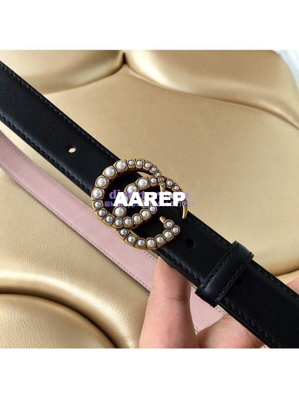 Replica Gucci Leather Belt with Pearl Double G Buckle 476342 2