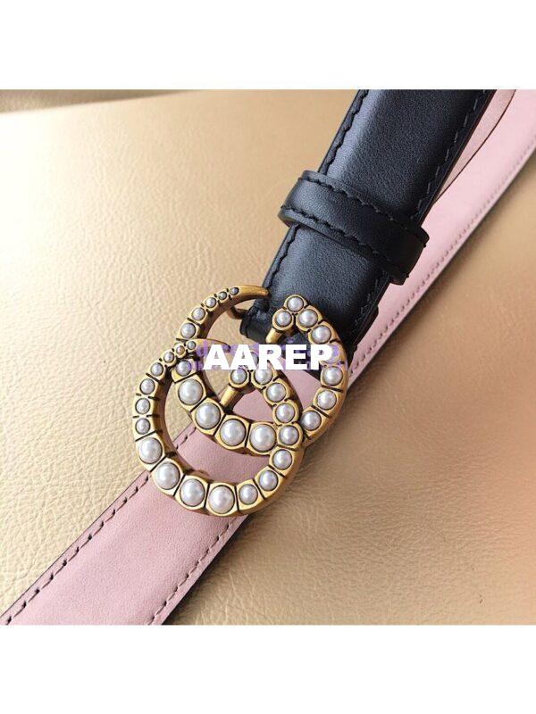 Replica Gucci Leather Belt with Pearl Double G Buckle 476342 3