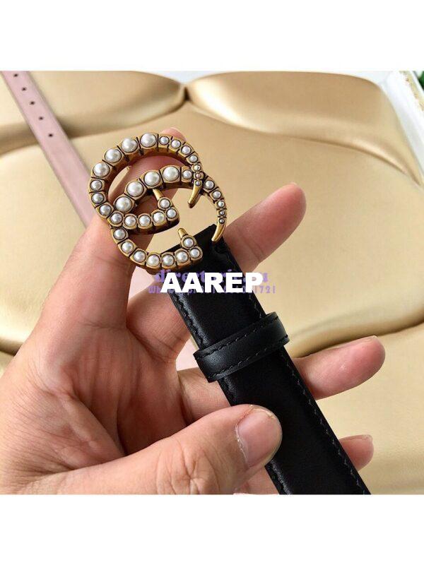 Replica Gucci Leather Belt with Pearl Double G Buckle 476342 4