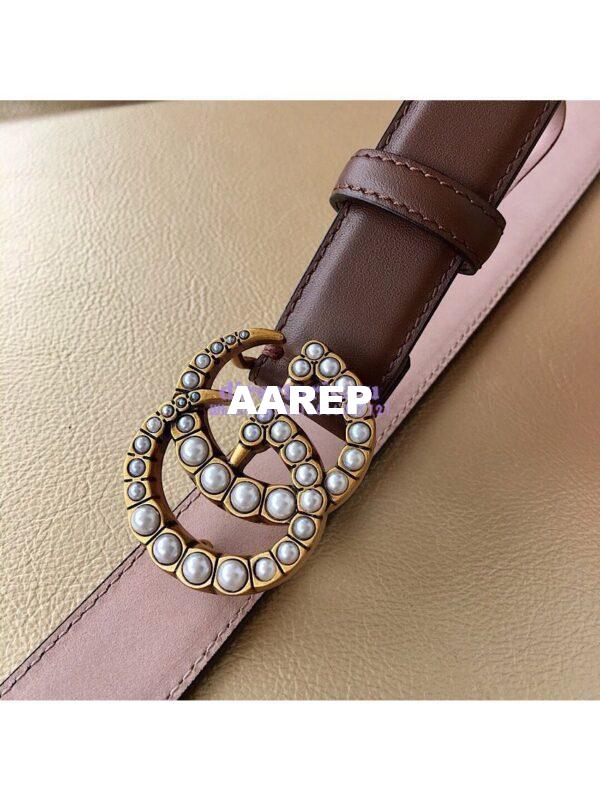 Replica Gucci Leather Belt with Pearl Double G Buckle 476342 7