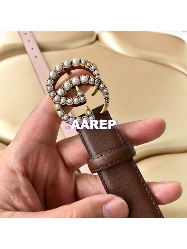 Replica Gucci Leather Belt with Pearl Double G Buckle 476342 8