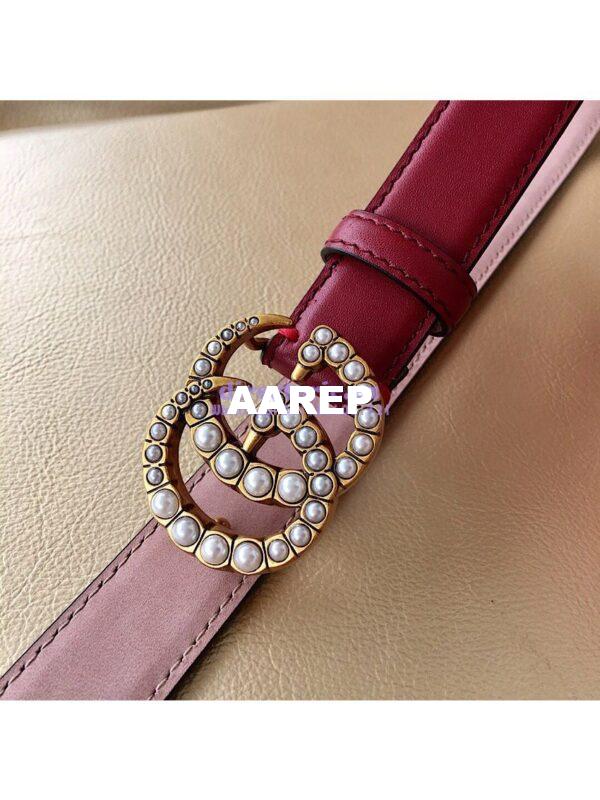 Replica Gucci Leather Belt with Pearl Double G Buckle 476342 11