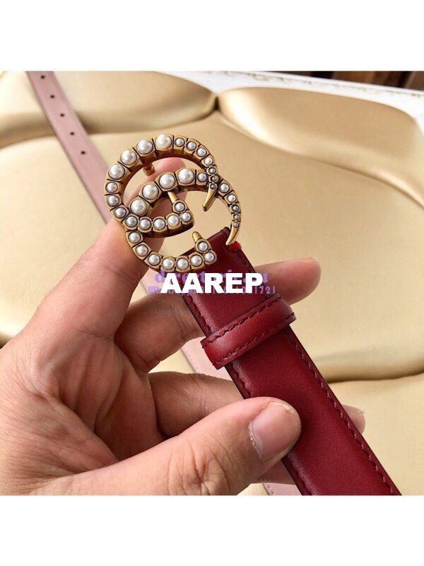 Replica Gucci Leather Belt with Pearl Double G Buckle 476342 12