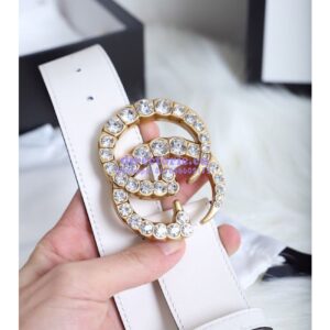 Replica Gucci Leather belt with Crystal Double G Buckle 4cm Width White 2