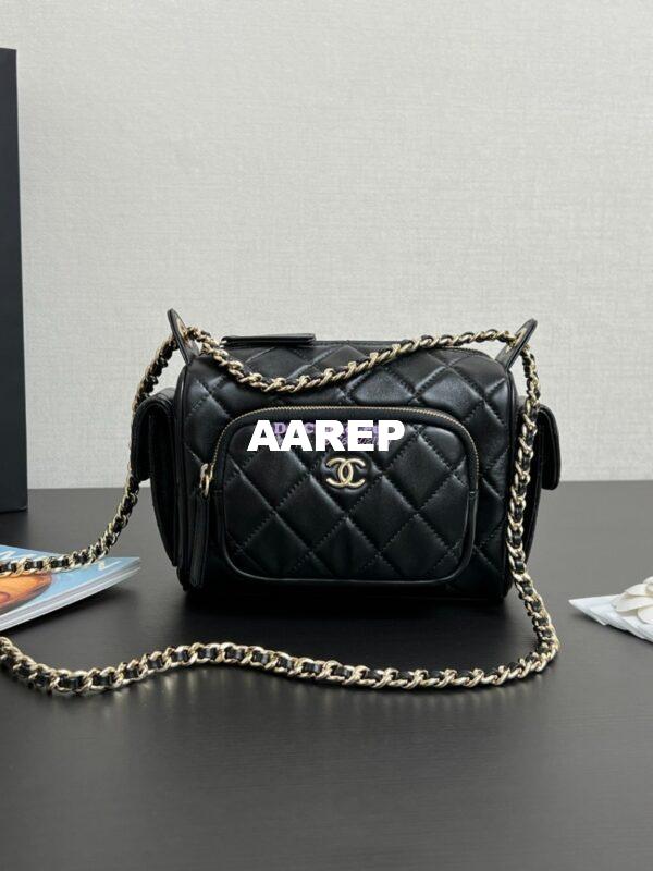 Replica Chanel 24P Small Camera Case Shiny Crumpled Lambskin AS5220 Black 3