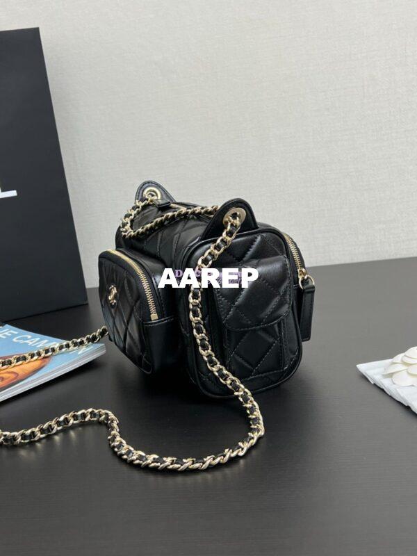 Replica Chanel 24P Small Camera Case Shiny Crumpled Lambskin AS5220 Black 4