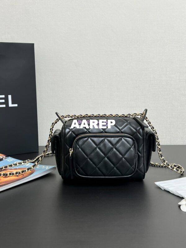 Replica Chanel 24P Small Camera Case Shiny Crumpled Lambskin AS5220 Black 6