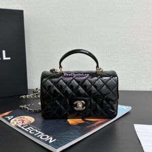 Replica Chanel Mini Flap Bag With Top Handle AS2431 in Patent Calfskin Black with Light Gold Hardware