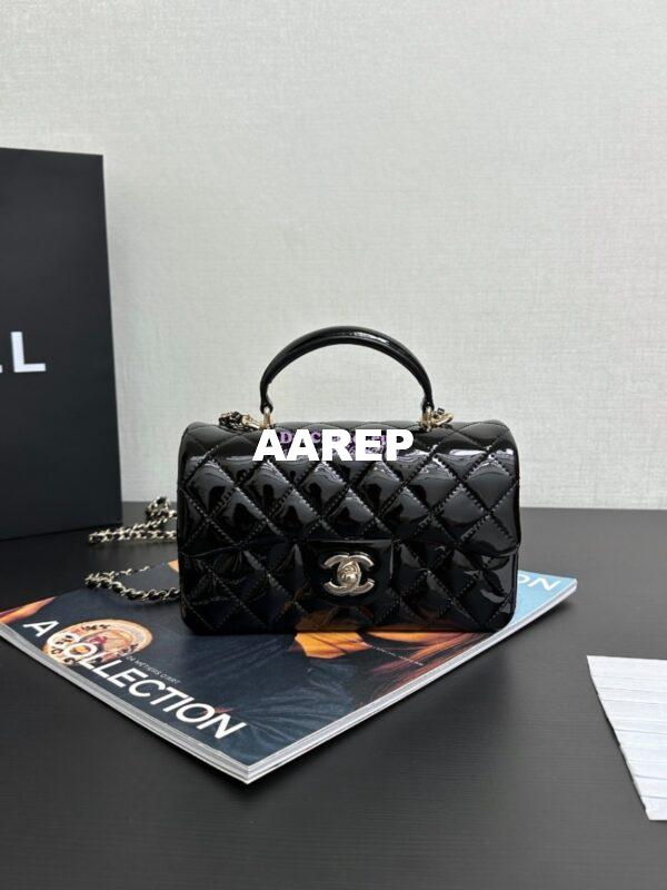 Replica Chanel Mini Flap Bag With Top Handle AS2431 in Patent Calfskin Black with Light Gold Hardware 3