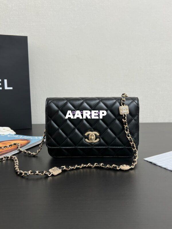 Replica Chanel 24A Wallet On Chain Lambskin, Diamanté AP4299 Black 2