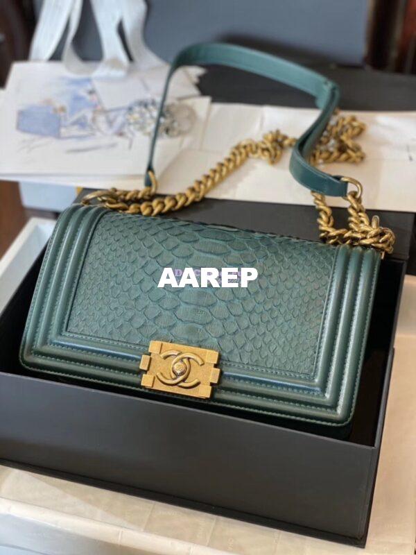 Replica Chanel Python Boy Chanel Flap Bag Ruthenium Hardware Army Green 3