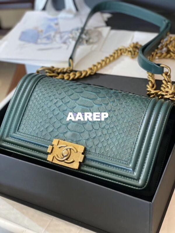 Replica Chanel Python Boy Chanel Flap Bag Ruthenium Hardware Army Green 4