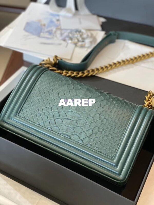 Replica Chanel Python Boy Chanel Flap Bag Ruthenium Hardware Army Green 11