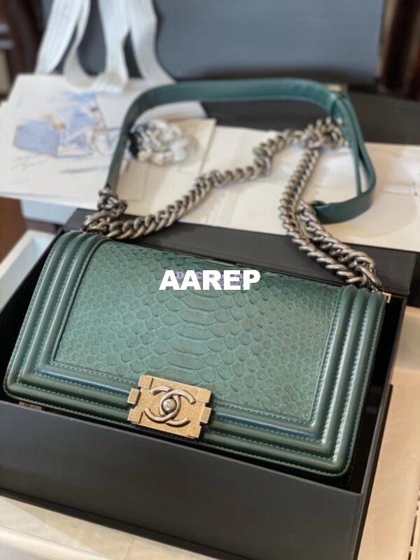 Replica Chanel Python Boy Chanel Flap Bag Ruthenium Hardware Army Green 12