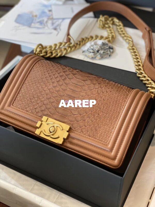 Replica Chanel Python Boy Chanel Flap Bag Ruthenium Hardware Tan 3