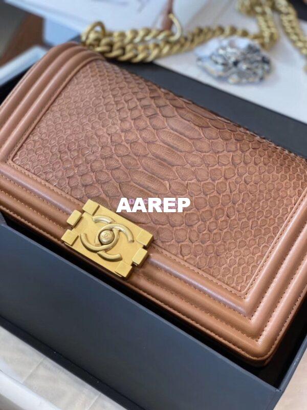 Replica Chanel Python Boy Chanel Flap Bag Ruthenium Hardware Tan 4
