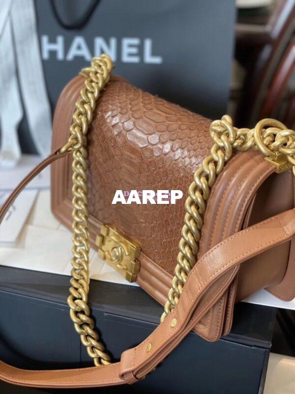 Replica Chanel Python Boy Chanel Flap Bag Ruthenium Hardware Tan 7