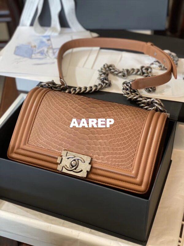 Replica Chanel Python Boy Chanel Flap Bag Ruthenium Hardware Tan 11