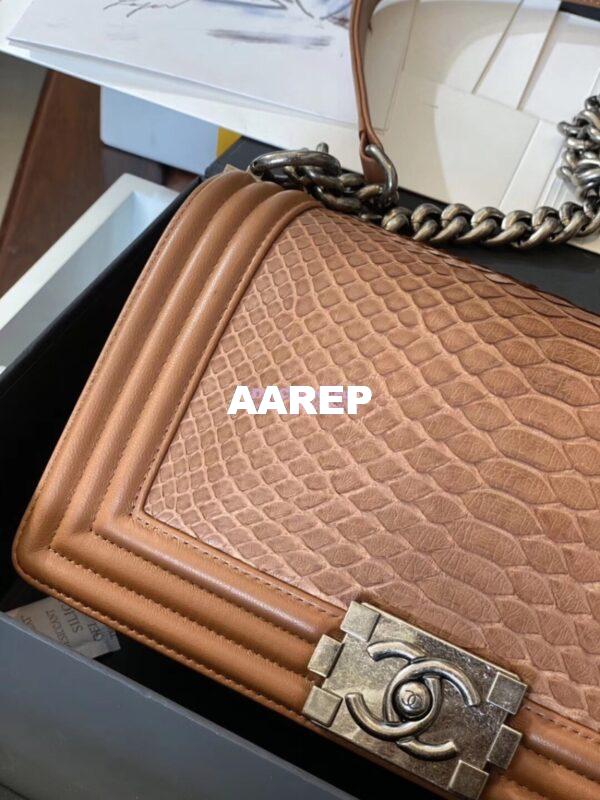 Replica Chanel Python Boy Chanel Flap Bag Ruthenium Hardware Tan 13