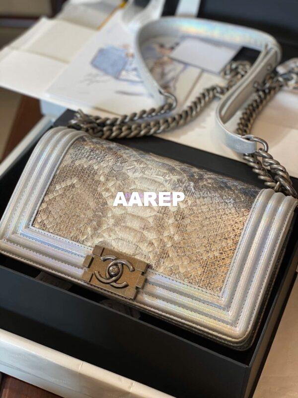 Replica Chanel Python Boy Chanel Flap Bag Ruthenium Hardware Iridescent Champagne 3