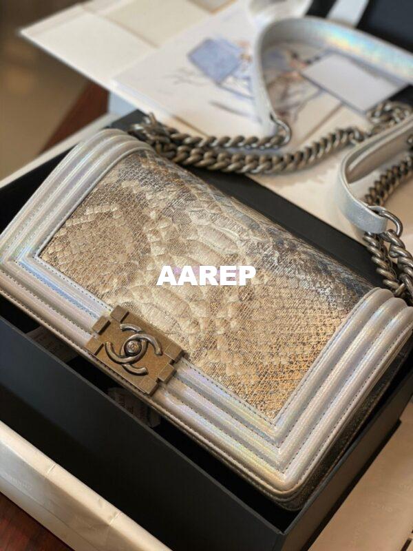 Replica Chanel Python Boy Chanel Flap Bag Ruthenium Hardware Iridescent Champagne 4