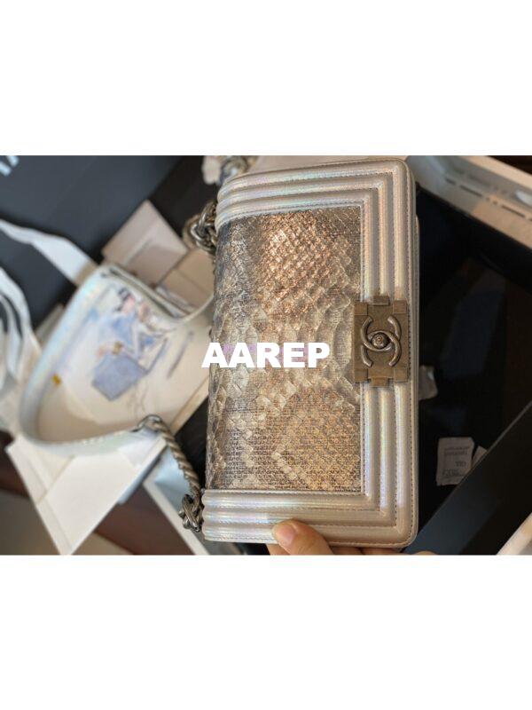 Replica Chanel Python Boy Chanel Flap Bag Ruthenium Hardware Iridescent Champagne 5