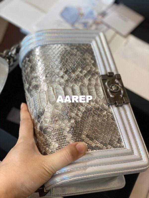 Replica Chanel Python Boy Chanel Flap Bag Ruthenium Hardware Iridescent Champagne 6