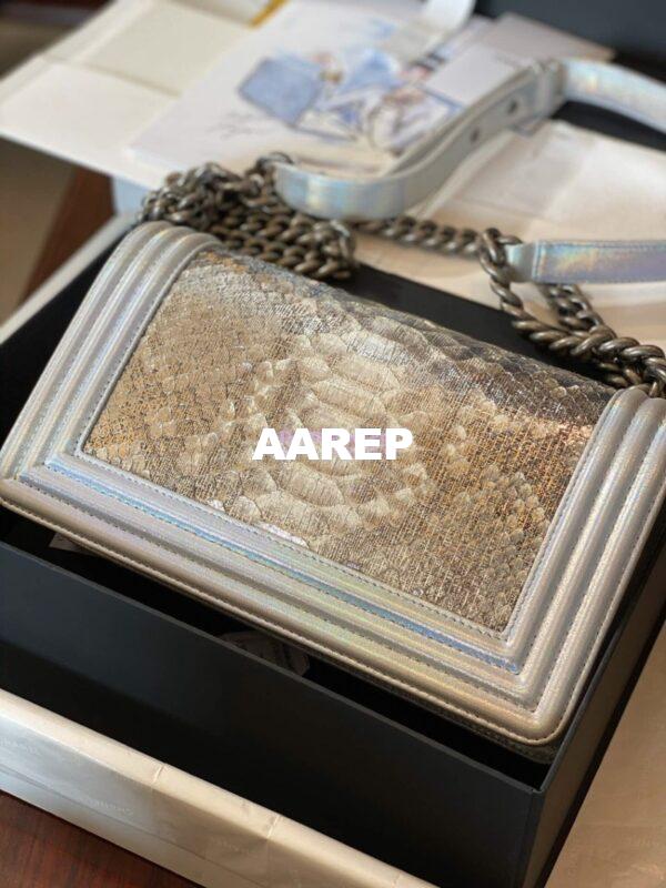 Replica Chanel Python Boy Chanel Flap Bag Ruthenium Hardware Iridescent Champagne 10