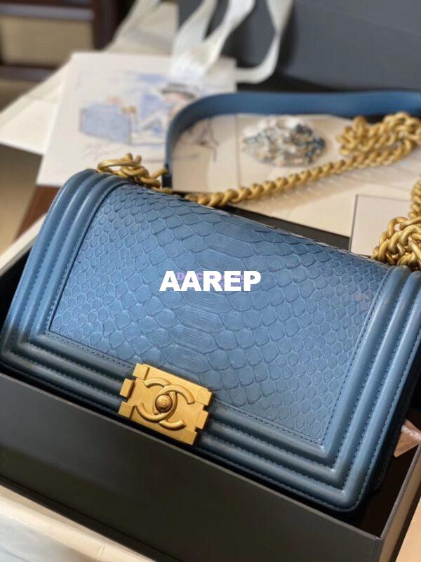 Replica Chanel Python Boy Chanel Flap Bag Ruthenium Hardware Ash Blue 11