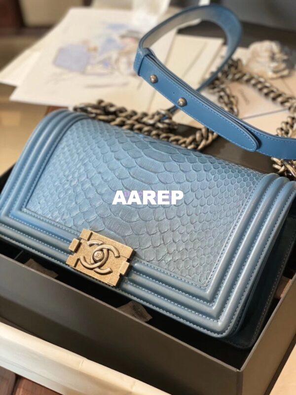 Replica Chanel Python Boy Chanel Flap Bag Ruthenium Hardware Ash Blue 13
