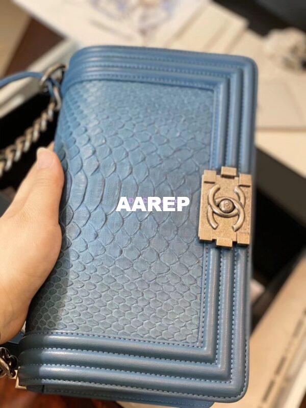 Replica Chanel Python Boy Chanel Flap Bag Ruthenium Hardware Ash Blue 14