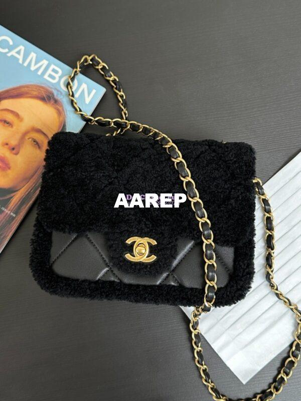 Replica Chanel 24P Mini Flap Bag Shearling Lambskin AS5148 Black Limited Edition 3
